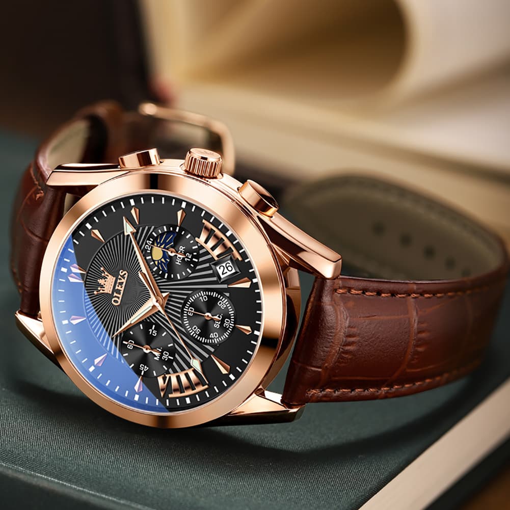 OLEVS 2876 Luxury Moon Phase Chronograph Leather Watch for Men