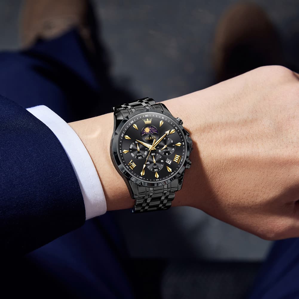 OLEVS 3653 Chronograph Moon Phase Sporty Dial Stainless Steel Watch For Men