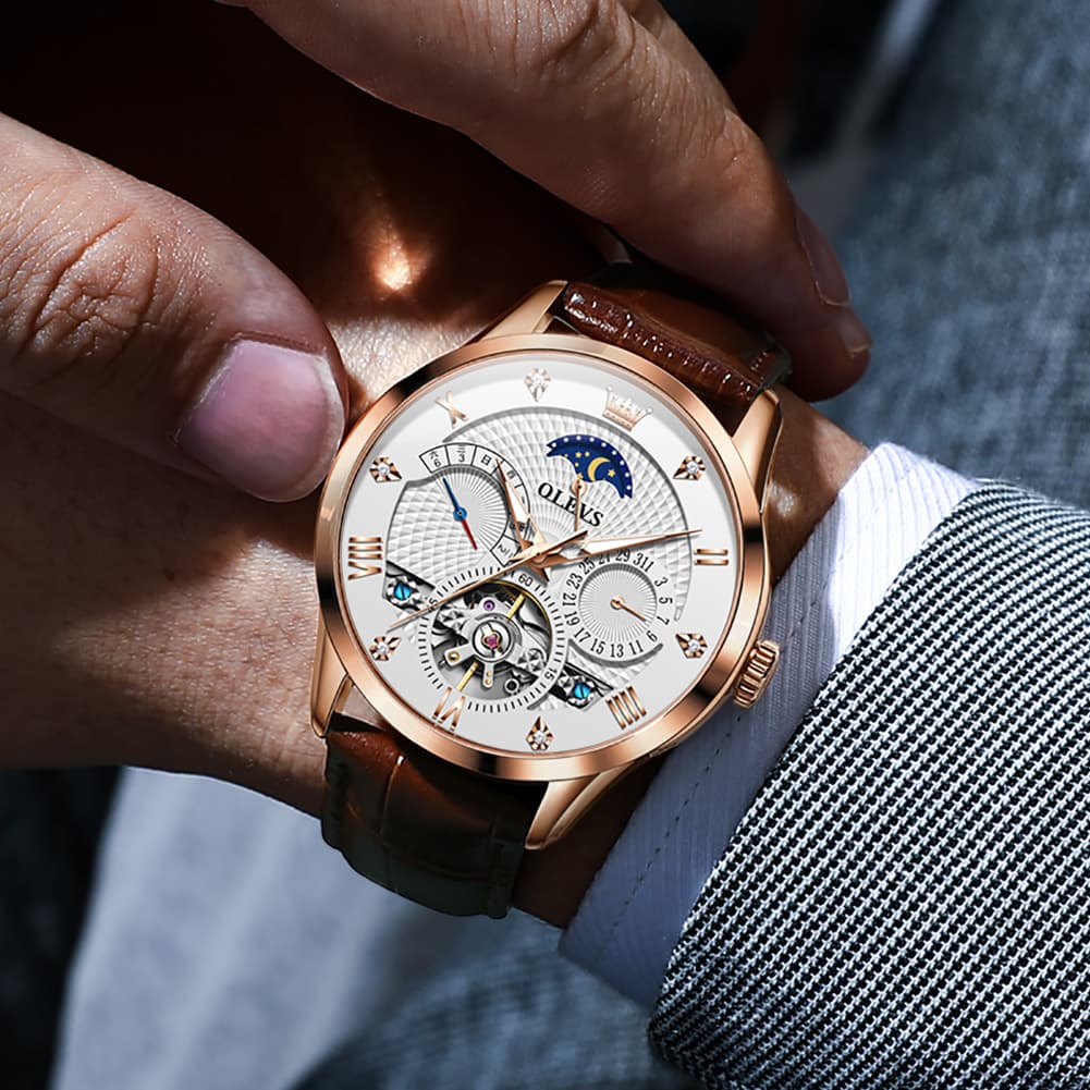 OLEVS 6652 Leather Mechanical Moon Phase Watch for Men