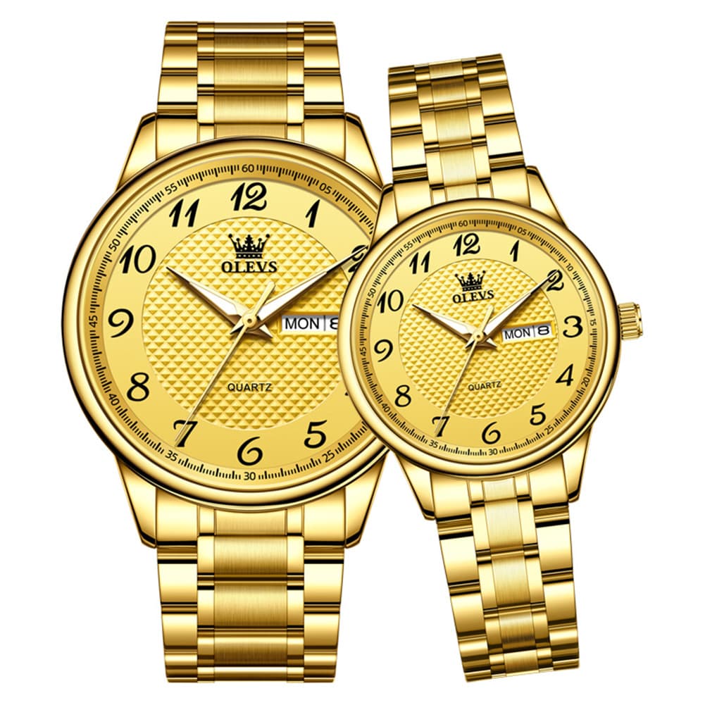 OLEVS 5667 Sapphire Crystal Couple Watch Day Date Stainless Steel Bracelet Luxury Timepiece for Men and Women
