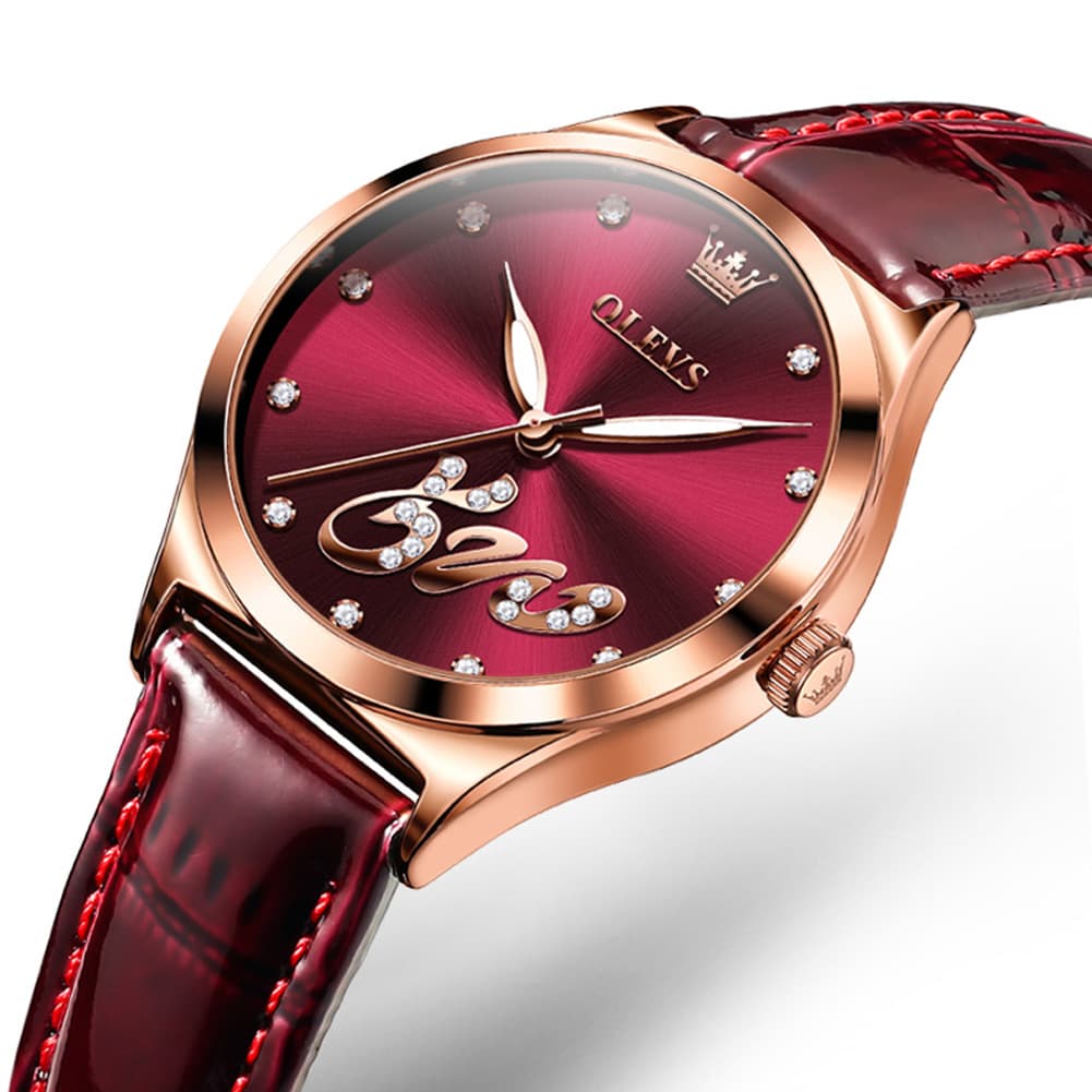 OLEVS 5581 Love Motif Diamond Watch Rose Gold Leather Strap Romantic Gift Timepiece for Women