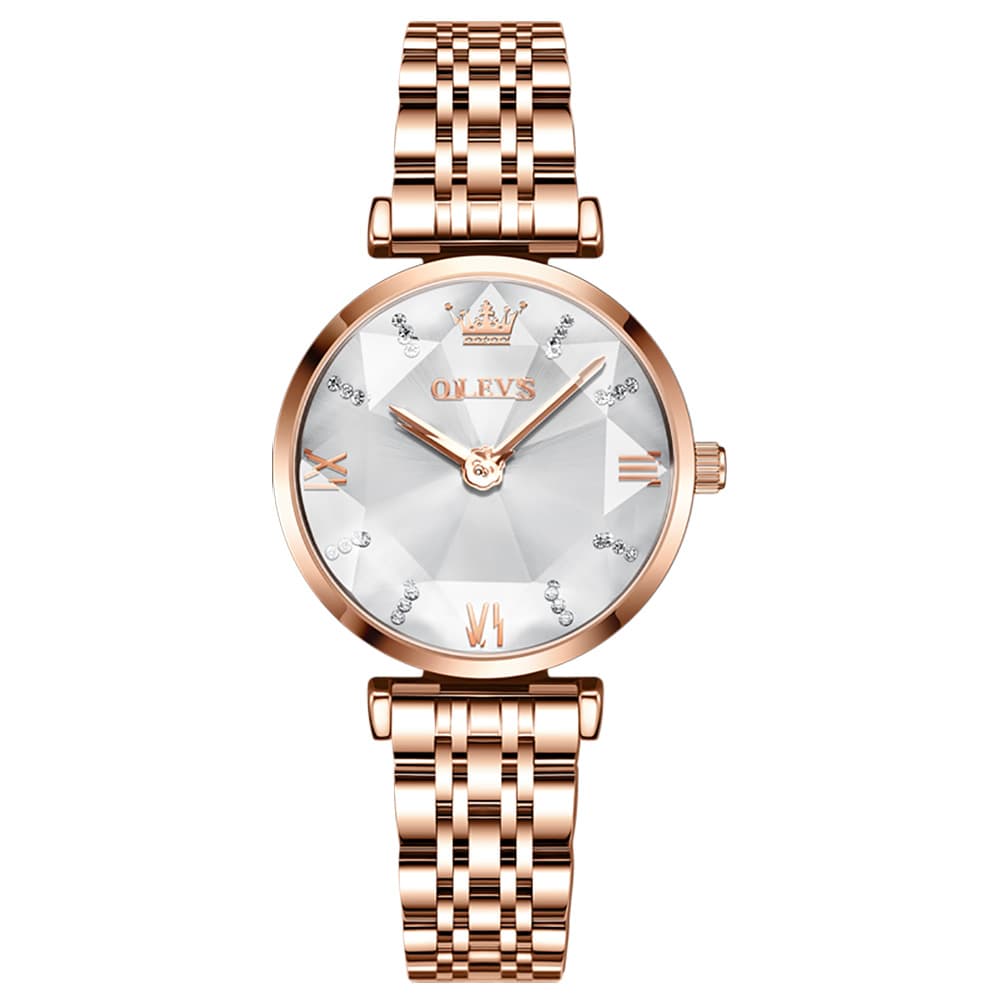 OLEVS 6642 Prism Cut Crystal Watch Rose Gold Stainless Steel Japan Quartz Timepiece for Women