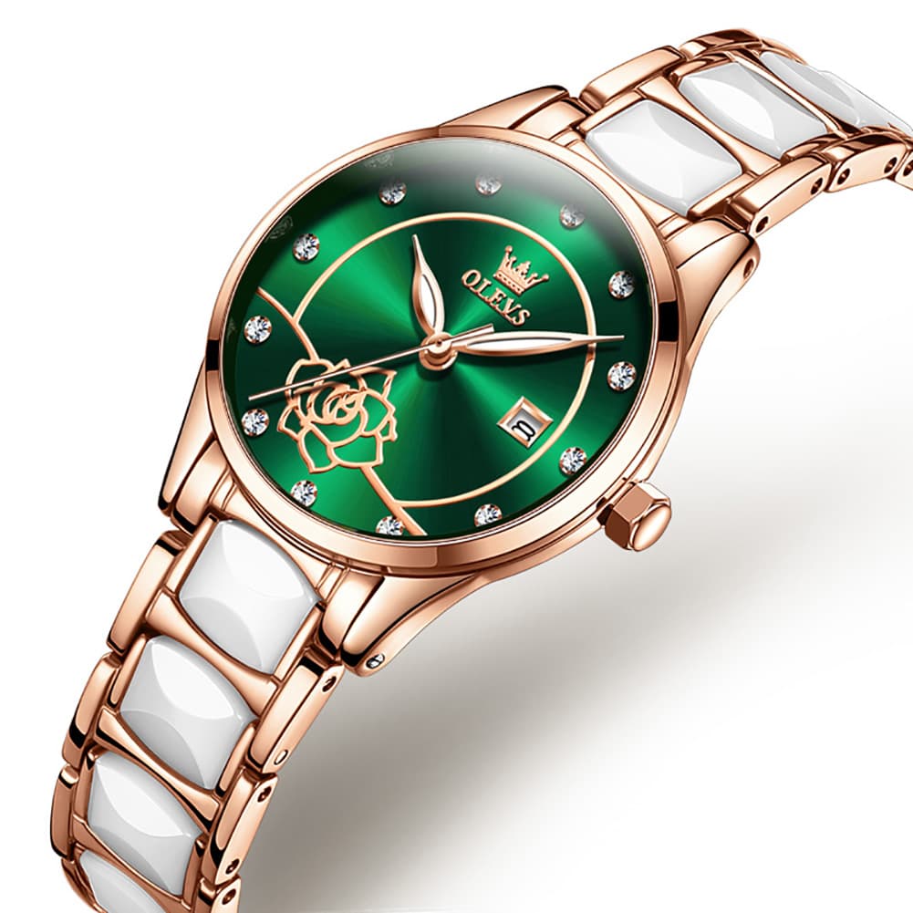 OLEVS 3606 Ceramic Rose Motif Quartz Watch for Women