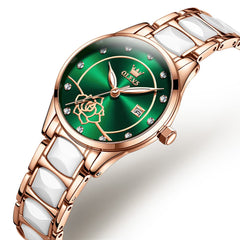 OLEVS 3606 Ceramic Rose Motif Quartz Watch for Women