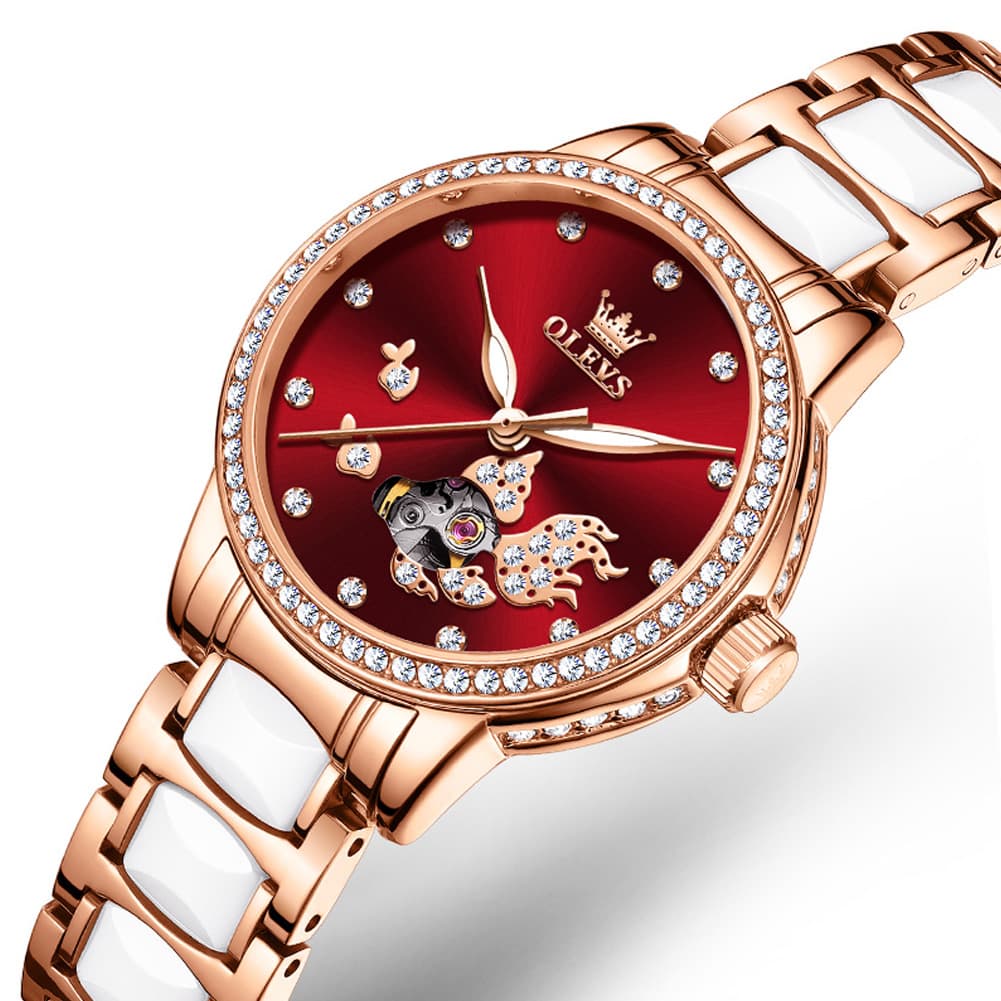 OLEVS 7001 Koi Skeleton Ceramic Mechanical Watch for Women