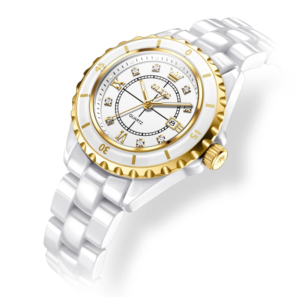 OLEVS 5658 White Ceramic Watch Diamond Accent Quartz Butterfly Clasp Luxury Timepiece for Women