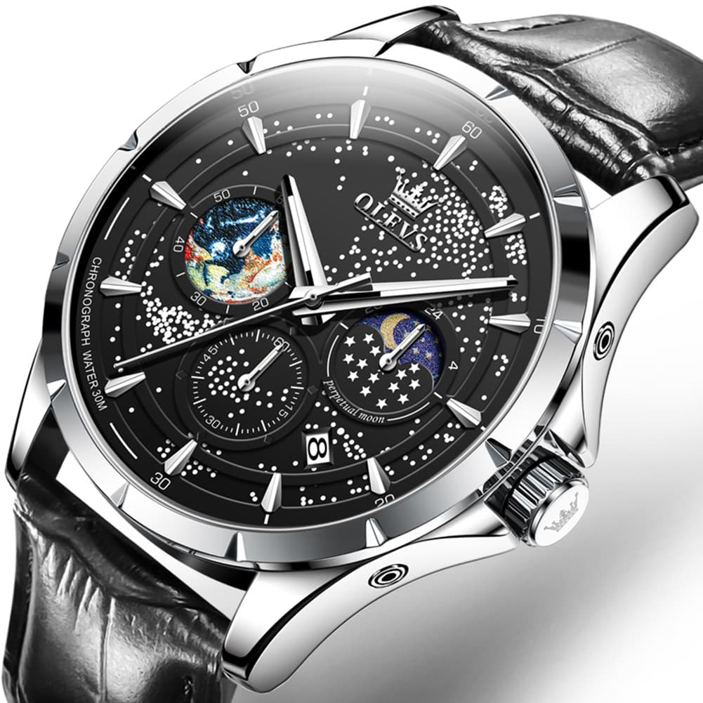 OLEVS Starry Sky Moon Phase Watch Leather Strap for Men 5538