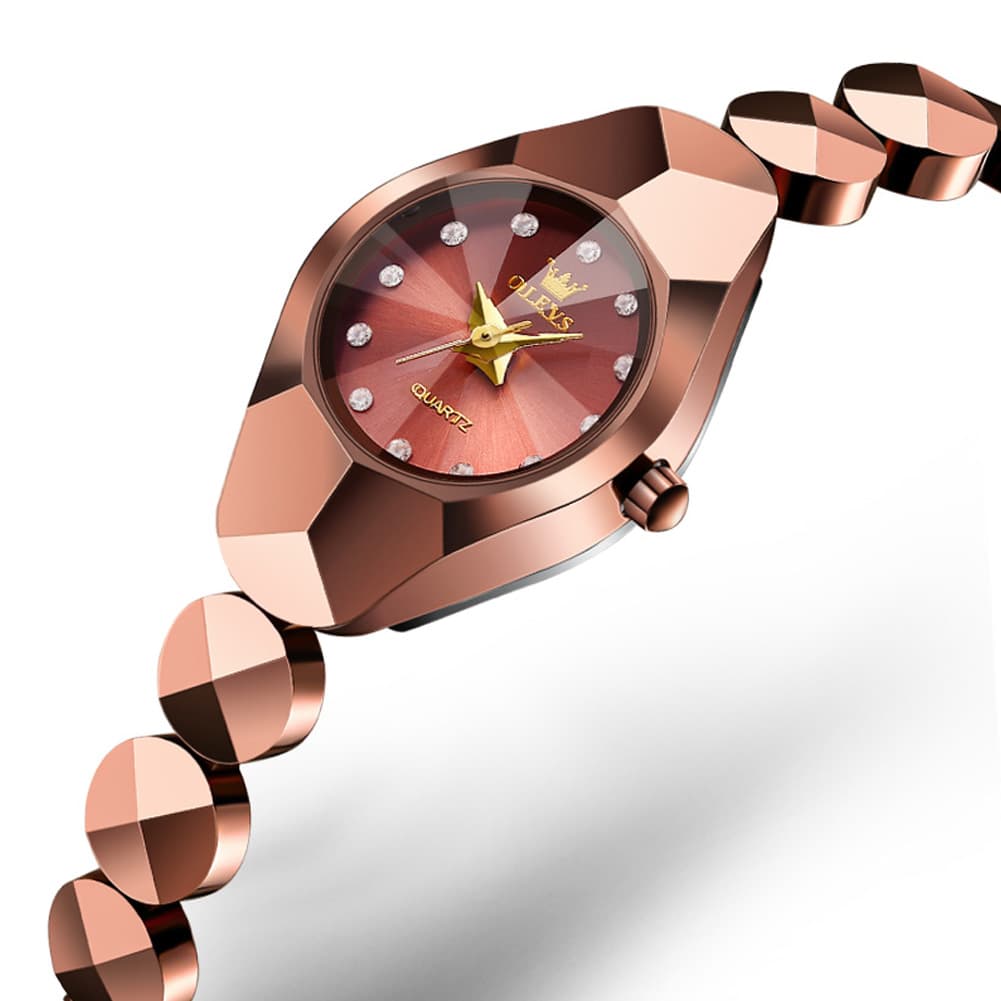 OLEVS 7007 Tungsten Steel Watch Dainty Faceted Bracelet Diamond Accent Quartz Luxury Timepiece for Women