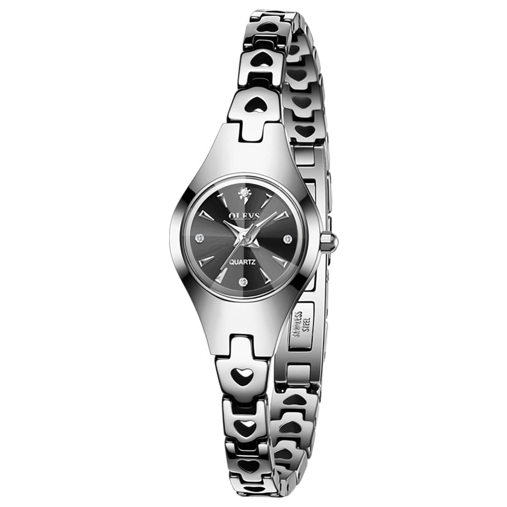 OLEVS 7082 Tungsten Steel Watch Dainty Heart Link Faceted Bracelet Diamond Accent Quartz Timepiece for Women