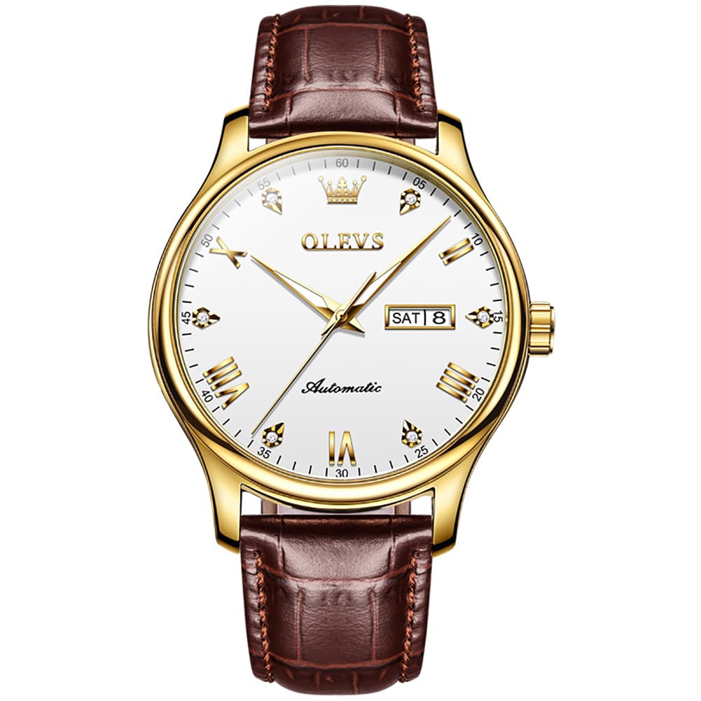 OLEVS Couple Watches Diamond Dial Automatic Mechanical Watch 9932 Leather Strap for His and Hers
