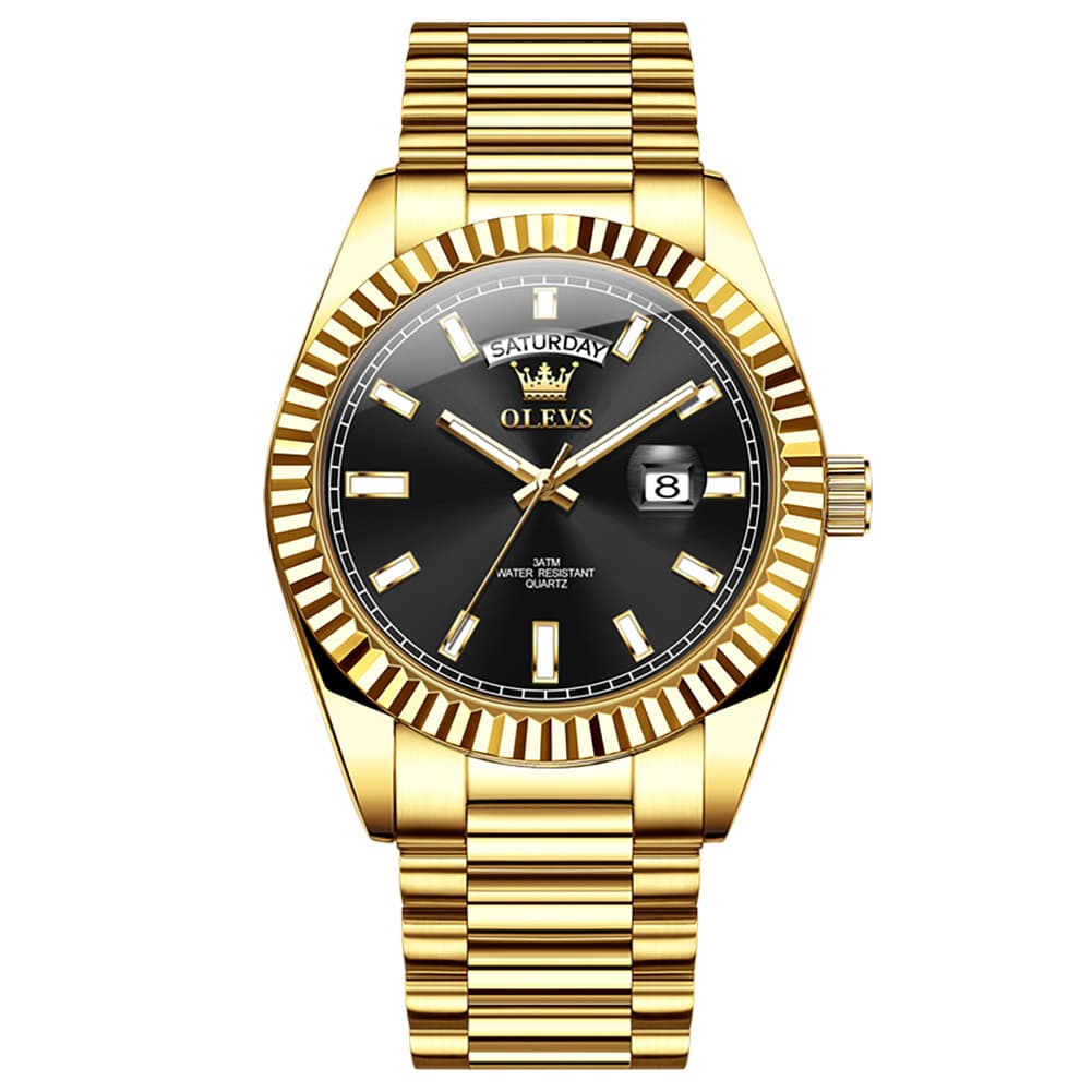 OLEVS 5650 Fluted Bezel Day Date Watch Stainless Steel Quartz Luxury Timepiece for Men