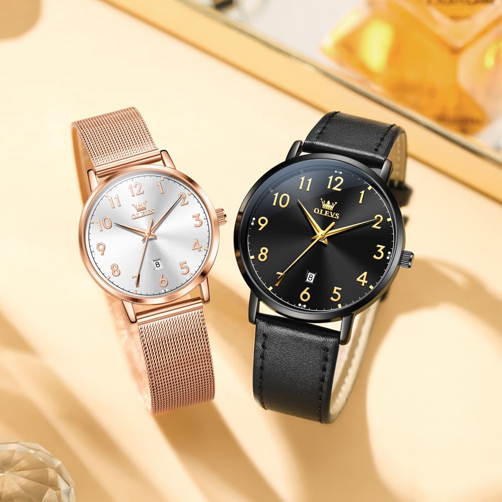 OLEVS 5653 Ultra Thin Couple Watch Milanese Mesh and Leather Strap Date Timepiece for Men and Women