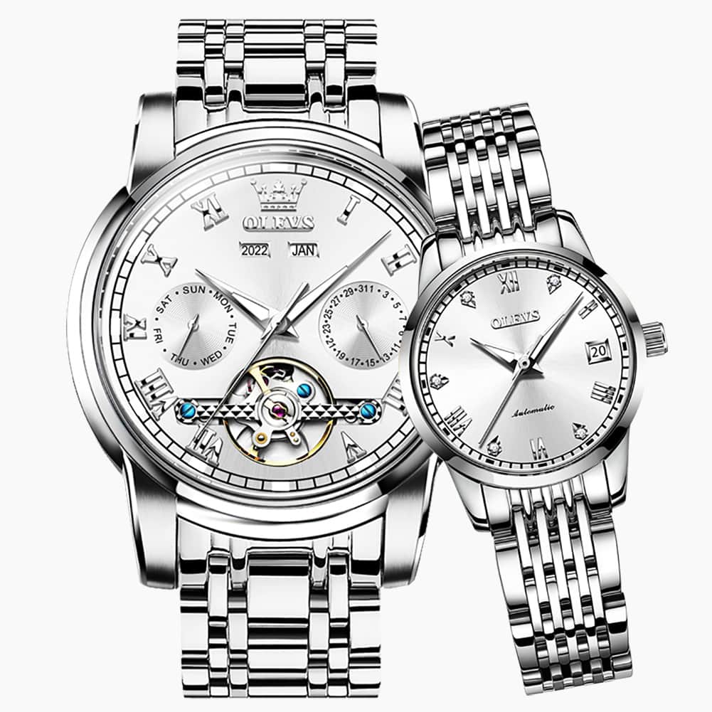 OLEVS 6607 Open Heart Automatic Mechanical Couple Watch Set