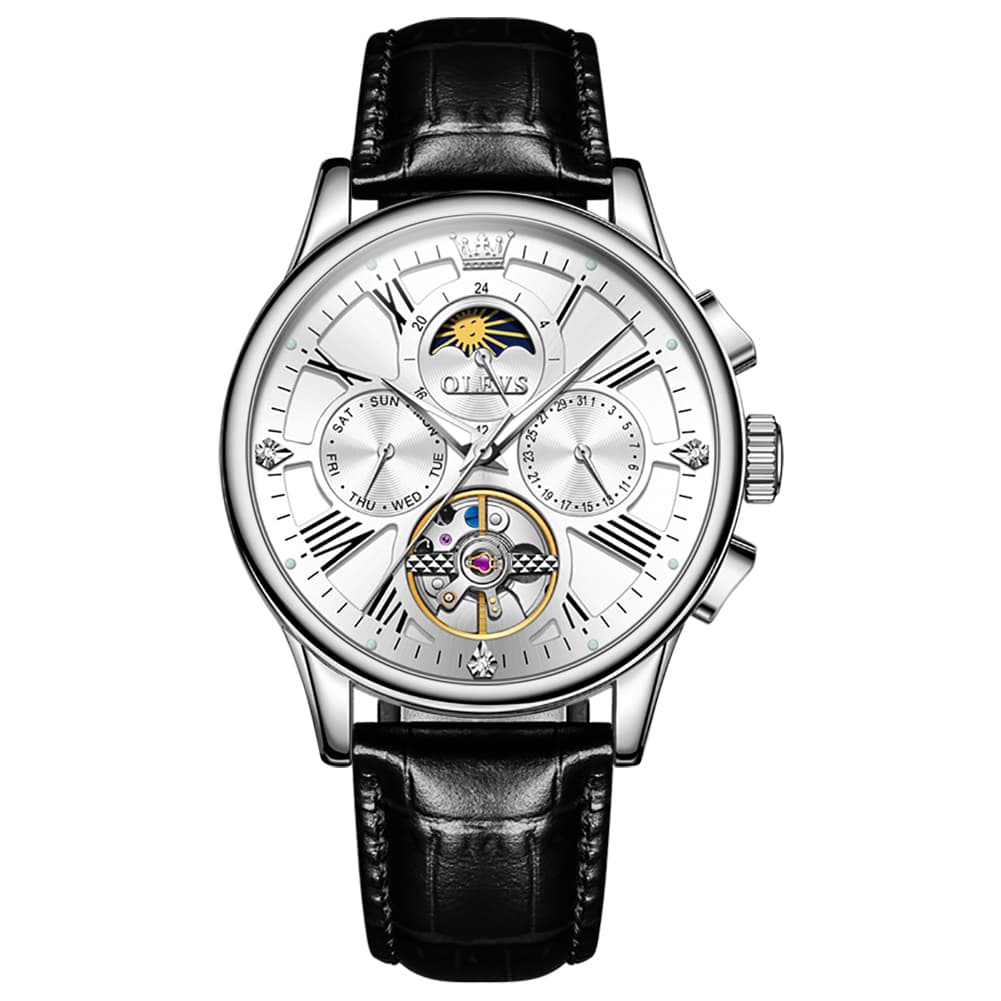 OLEVS Moon Phase Open Heart Automatic Mechanical Watch 9912 Leather Strap for Men