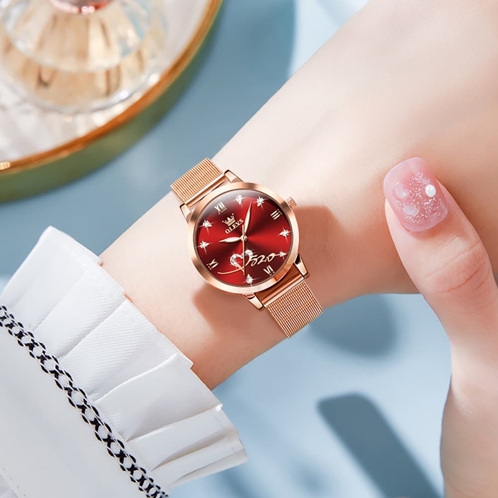OLEVS Romantic Heart Crystal Dress Watch for Women Rose Gold Milanese Mesh 5530