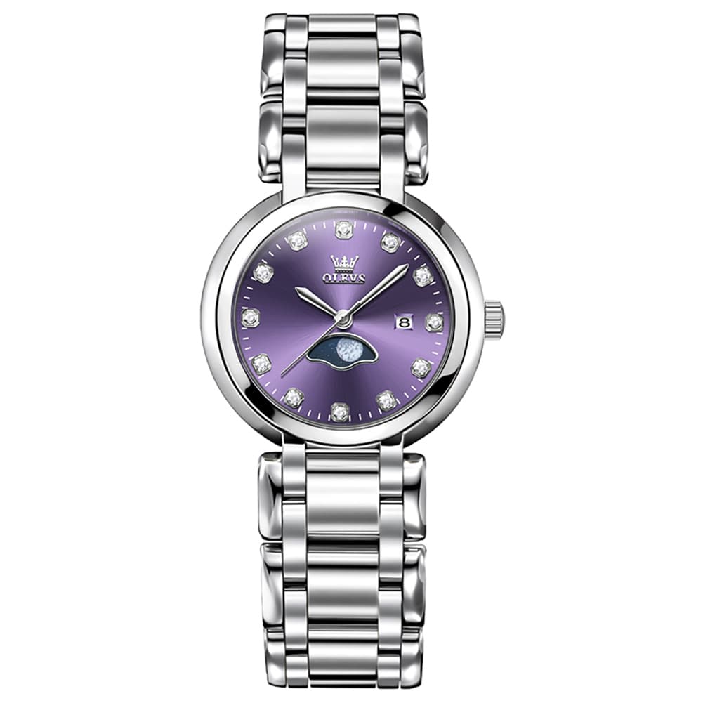 OLEVS Women Moon Phase Dress Watch Stainless Steel Diamond Dial Quartz 5573