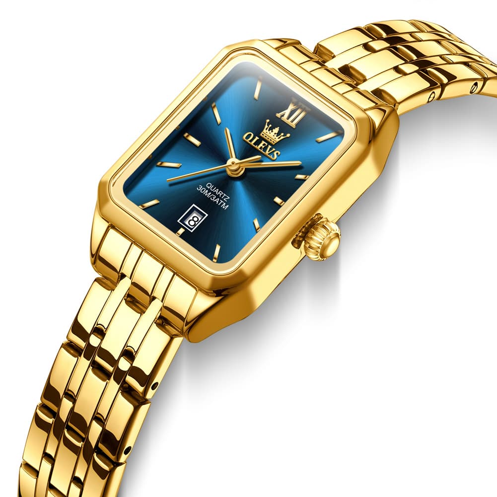 OLEVS Women Square Dress Watch Retro Gold Stainless Steel Date Quartz 5616