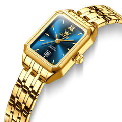 OLEVS Women Square Dress Watch Retro Gold Stainless Steel Date Quartz 5616