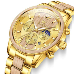 OLEVS 3645 Solid Wood & Steel Chronograph Quartz Watch for Men