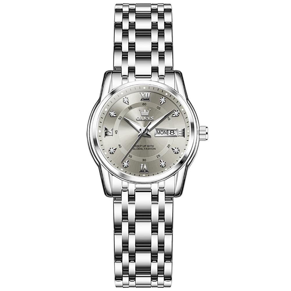 OLEVS Diamond Dial Day Date Quartz Watch 5513 Steel Band for Women