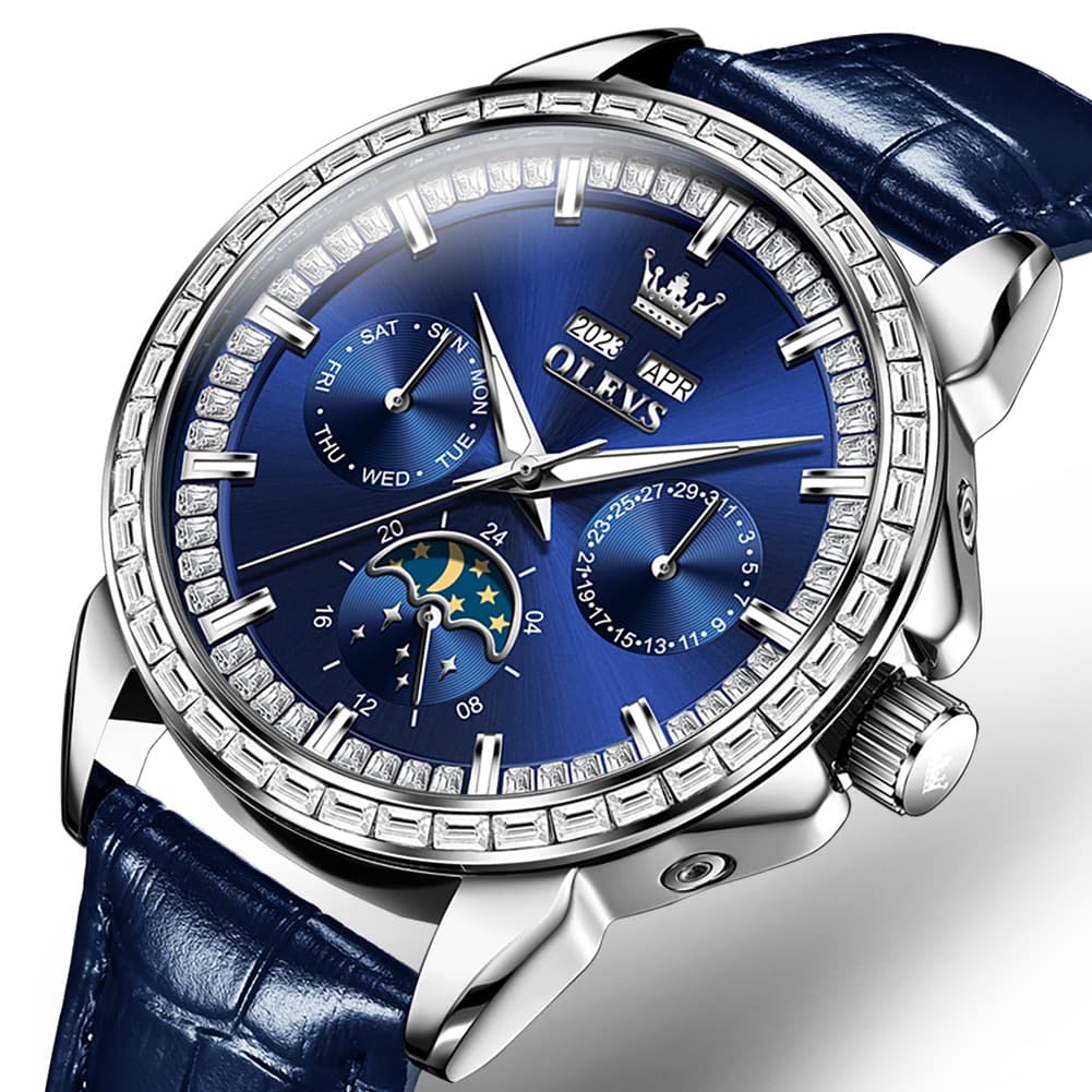 OLEVS 6695P Baguette Diamond Leather Mechanical Watch for Men