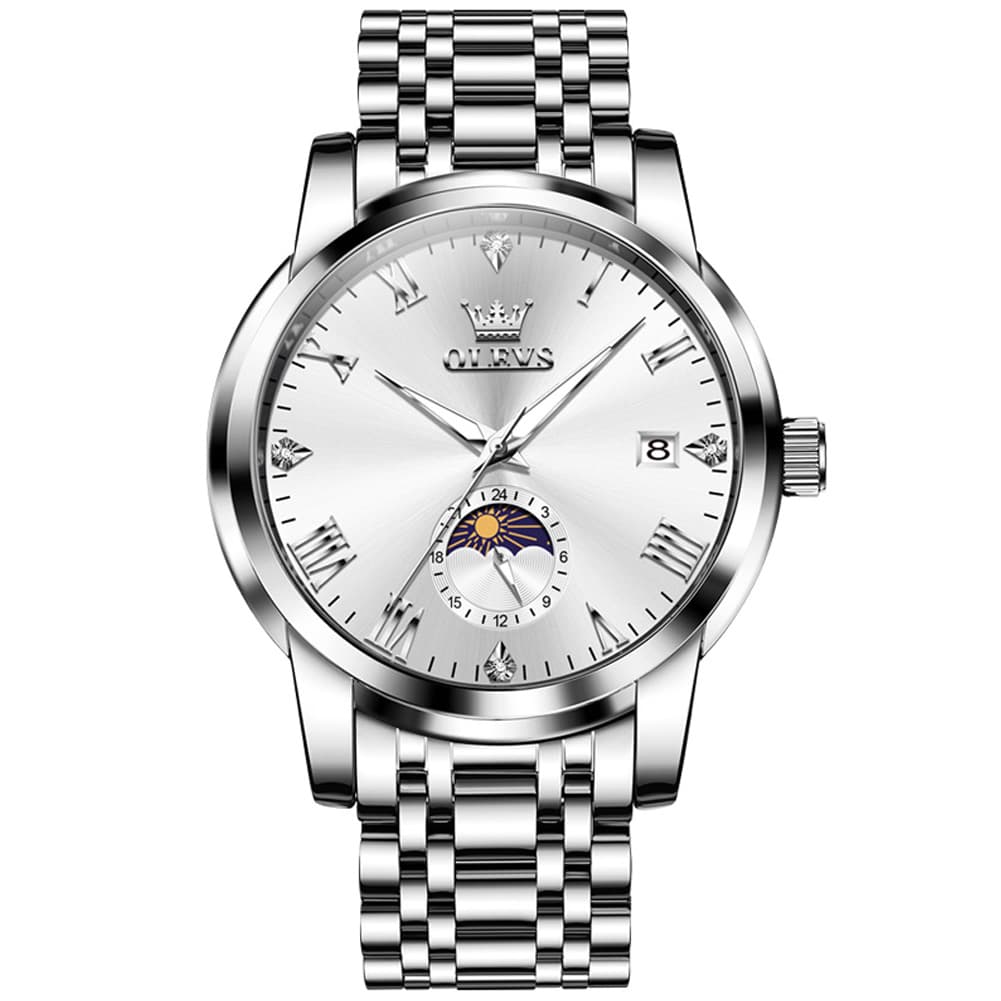OLEVS 3656 Minimalist Moon Phase Roman Dial Stainless Steel Watch For Men