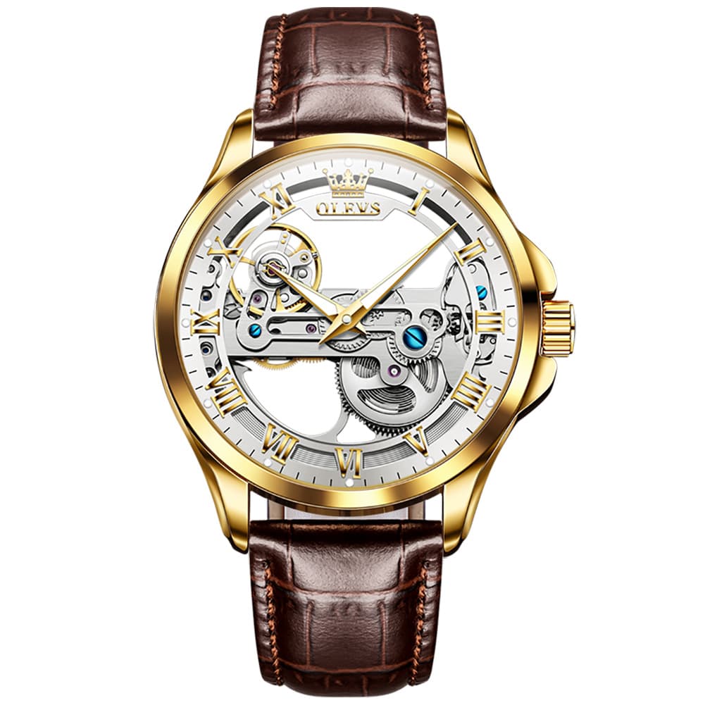 OLEVS 6661 Leather Skeleton Mechanical Watch for Men