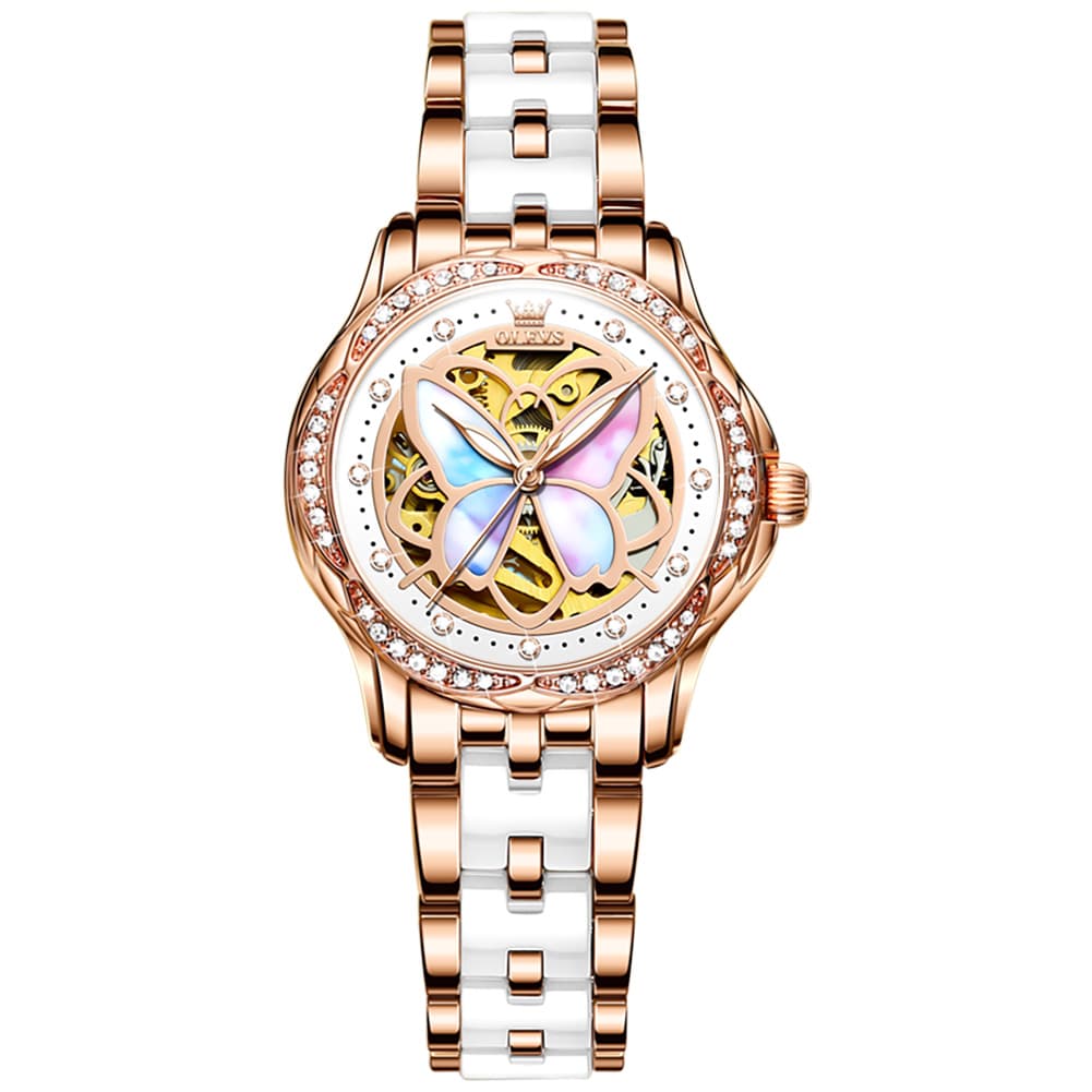 OLEVS 6615 Automatic Skeleton Bright Butterfly Watch Set for Women
