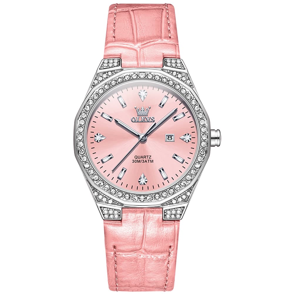 OLEVS Women Octagonal Watch Diamond Bezel Leather Strap Date Quartz 5606