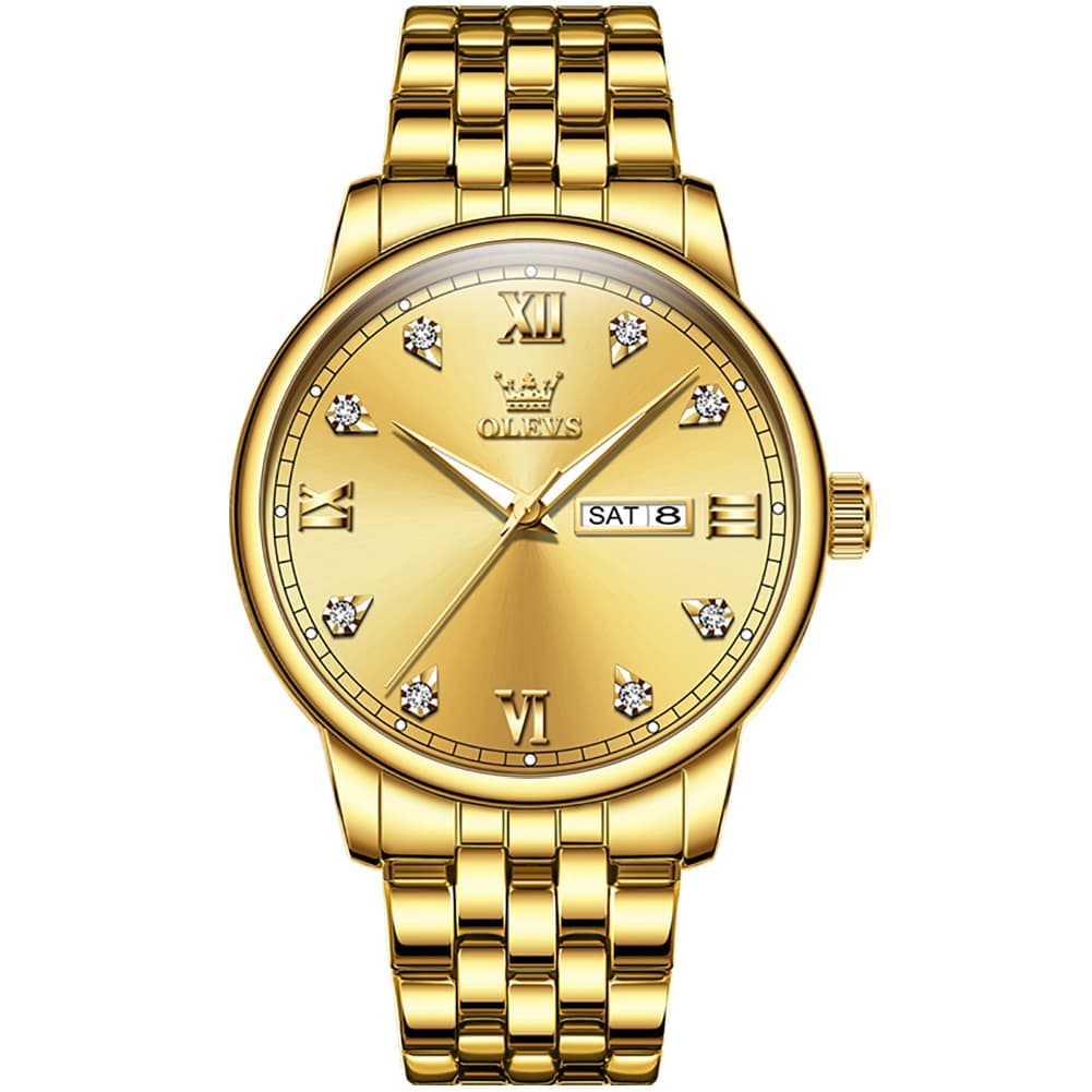 OLEVS Couple Watches Diamond Dial Day Date Quartz Watch 5525 Steel Band for His and Hers