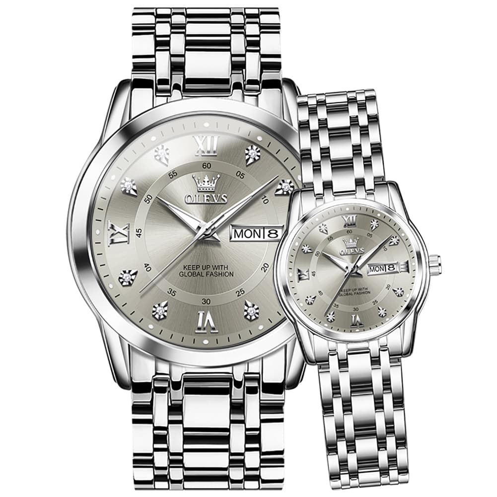 OLEVS Couple Watches Diamond Dial Day Date Quartz Watch 5513 Steel Band for His and Hers