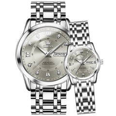 OLEVS Couple Watches Diamond Dial Day Date Quartz Watch 5513 Steel Band for His and Hers