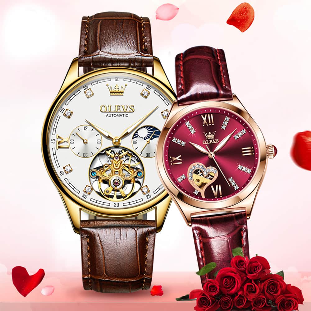 OLEVS 3601 Romantic Open Heart Automatic Couple Watch Set