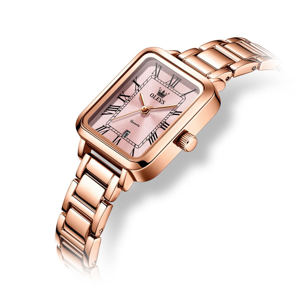 OLEVS Women Rectangular Dress Watch Retro Tank Stainless Steel Date Quartz 5641