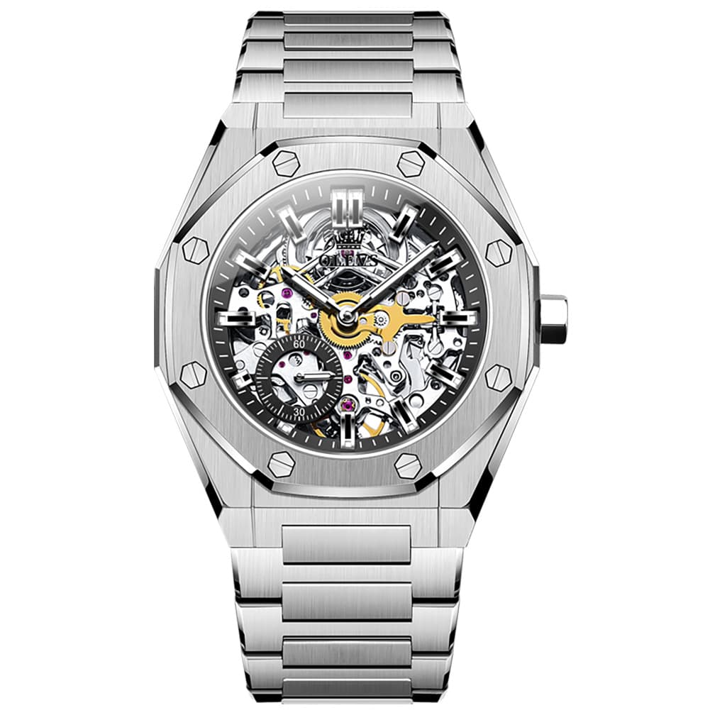 OLEVS 6669 Stainless Steel Octagonal Skeleton Watch for Men