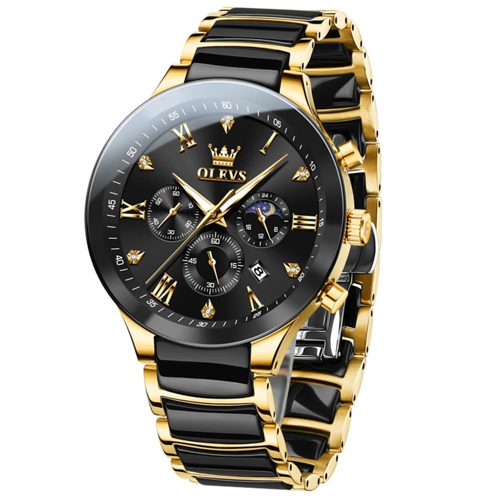 OLEVS 7004 Moon Phase Chronograph Watch Ceramic Link Bracelet Quartz Luxury Timepiece for Men