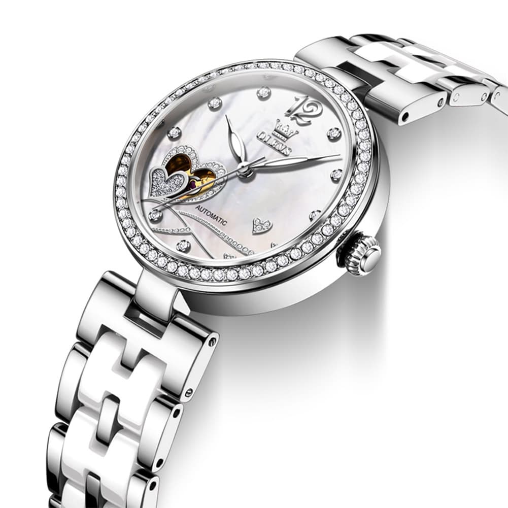 OLEVS 7086 Ceramic Heart Open Heart Automatic Watch For Women
