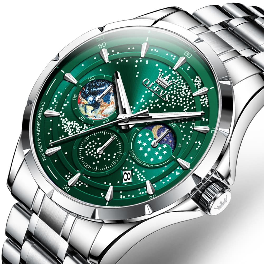 OLEVS Starry Sky Moon Phase Watch for Men Stainless Steel 5538