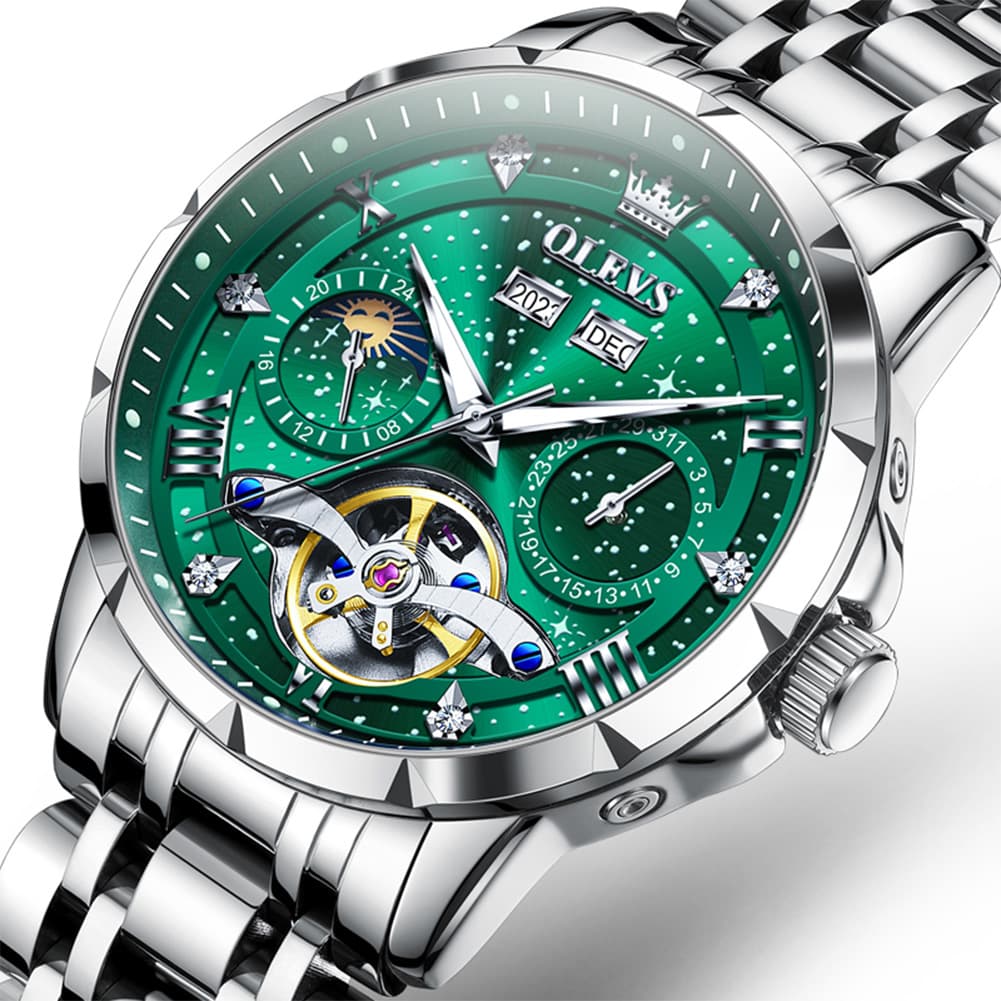 OLEVS 6690 Automatic Skeleton Starry Sky Steel Leather Watch for Men