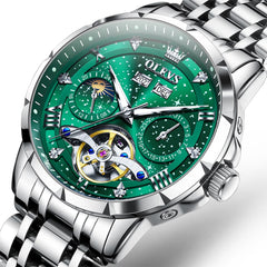 OLEVS 6690 Automatic Skeleton Starry Sky Steel Leather Watch for Men