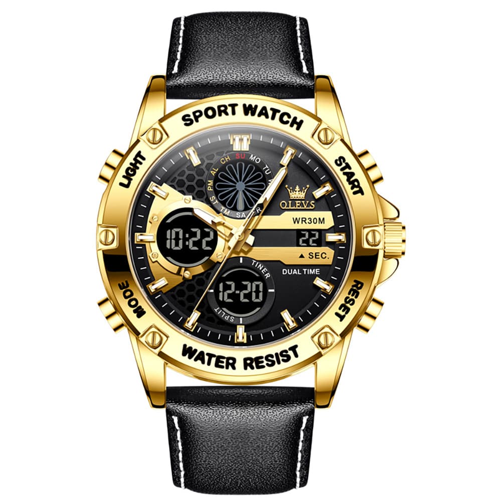 OLEVS 1110 Rugged Dual Display Leather Sport Watch for Men