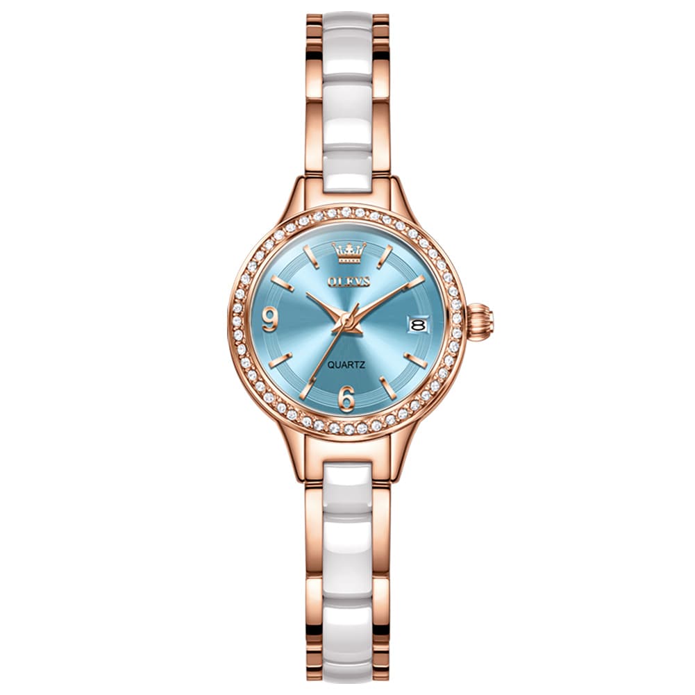 OLEVS 7093 White Ceramic Watch Women Dainty Diamond Bezel Date Quartz Jewelry Timepiece