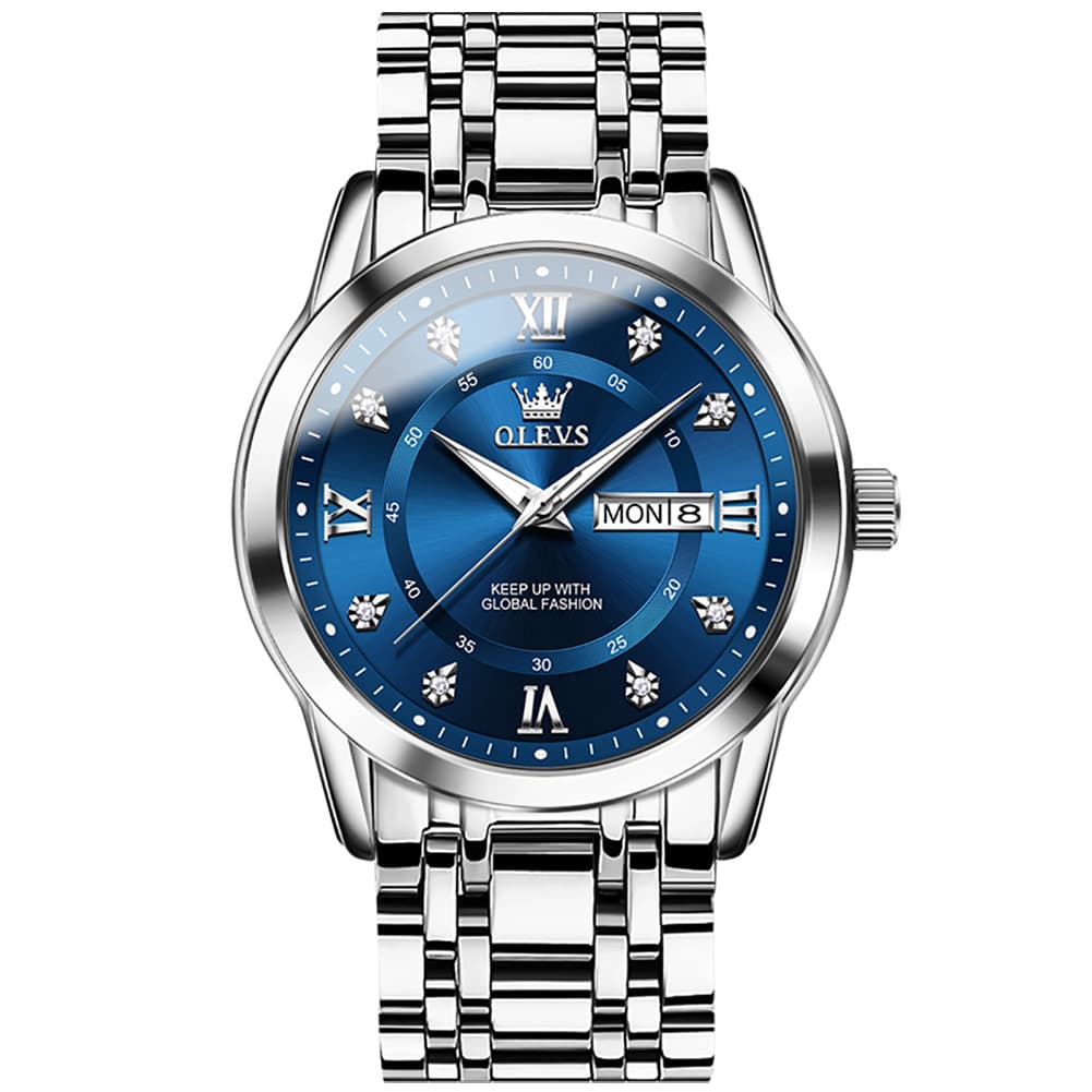 OLEVS Diamond Dial Day Date Quartz Watch 5513 Steel Band for Men