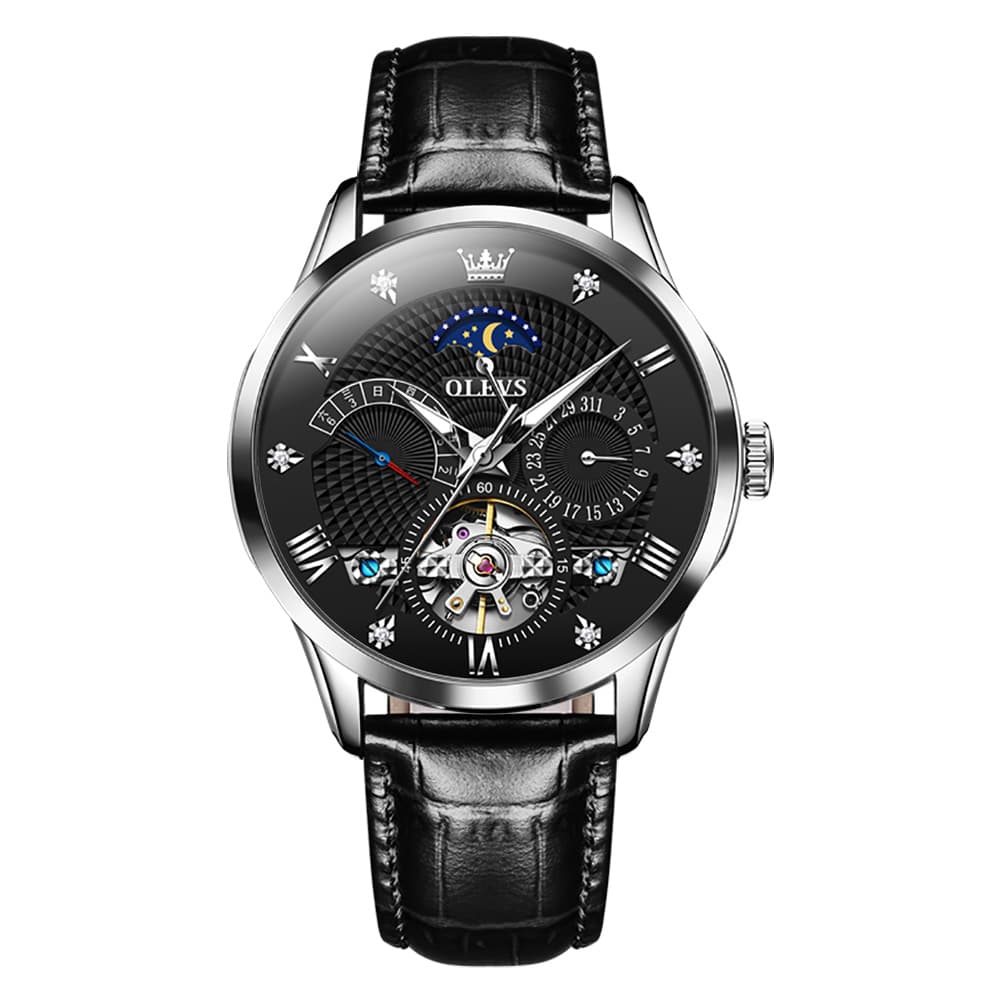 OLEVS 6652 Leather Mechanical Moon Phase Watch for Men