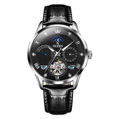 OLEVS 6652 Leather Mechanical Moon Phase Watch for Men