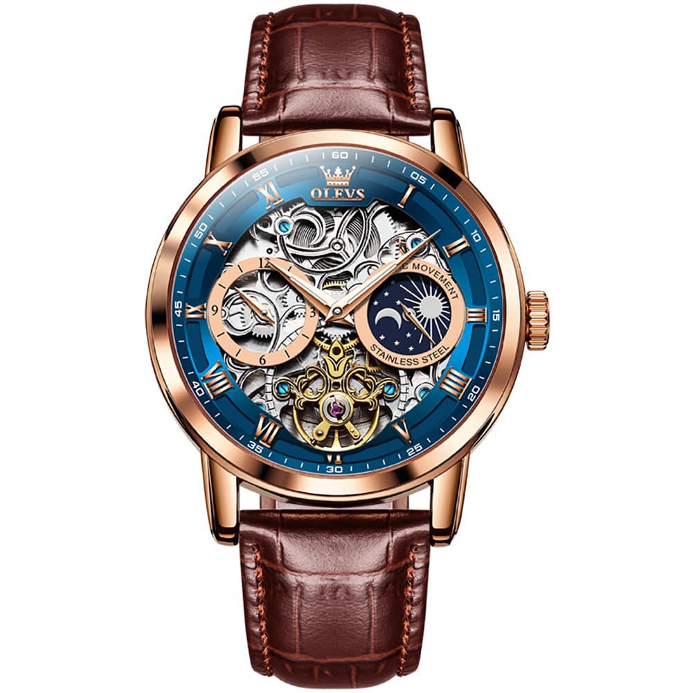 OLEVS 6670P Leather Skeleton Moon Phase Watch for Men