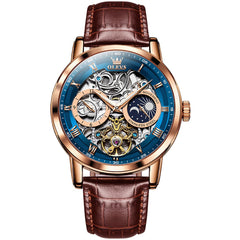 OLEVS 6670P Leather Skeleton Moon Phase Watch for Men