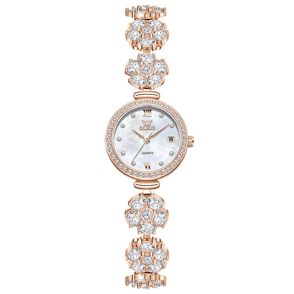 OLEVS Women Spinning Flower Watch Peach Blossom Crystal Mother of Pearl Date Quartz 5638