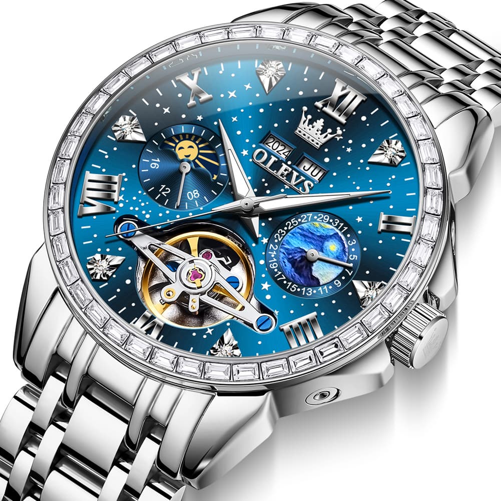 OLEVS 6712 Diamond Bezel Starry Moon Phase Calendar Mechanical Watch For Men