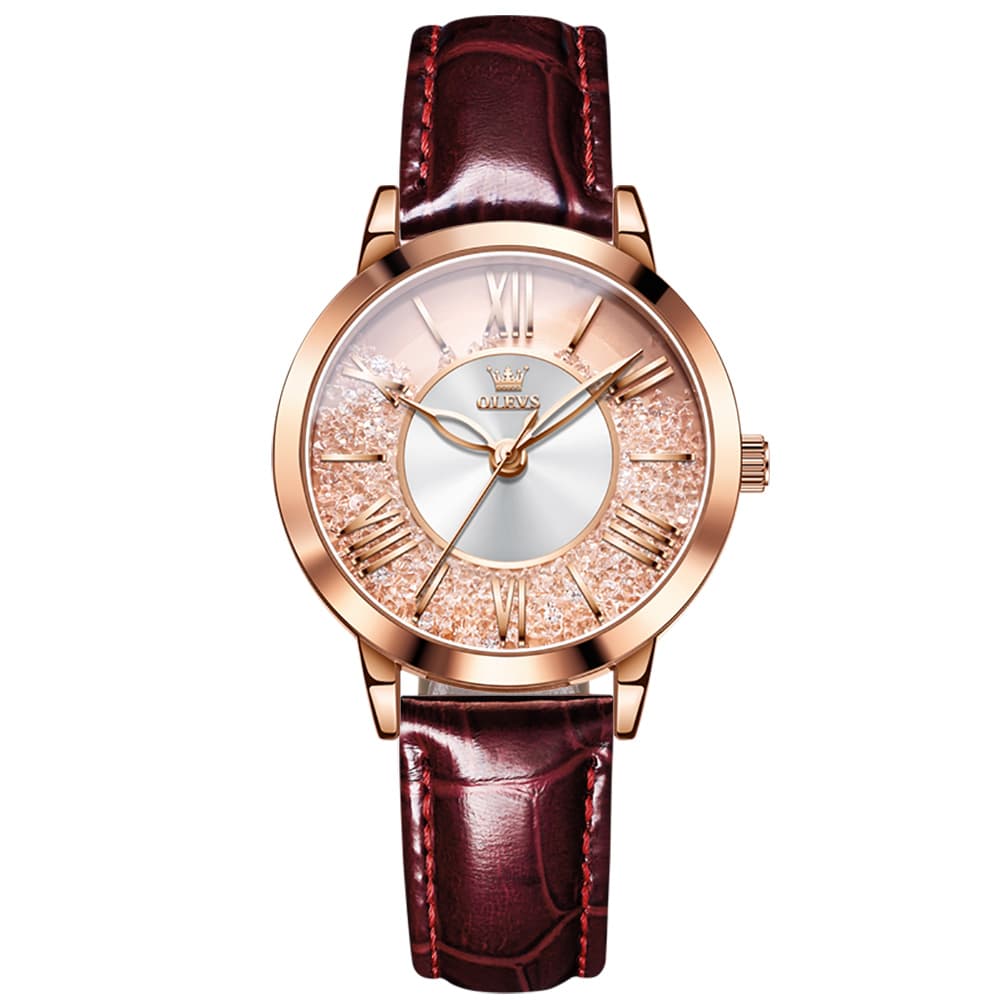 OLEVS Flowing Quicksand Crystal Dress Watch for Women Leather Strap 5539